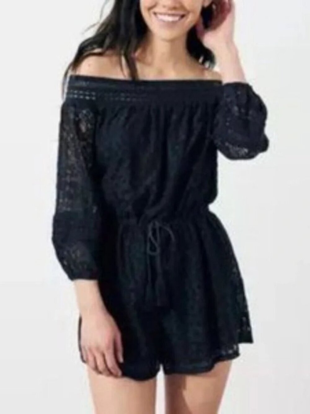 Hollister Floral Lace Off the Shoulder Black Romper with Crochet Neckline Sz S
